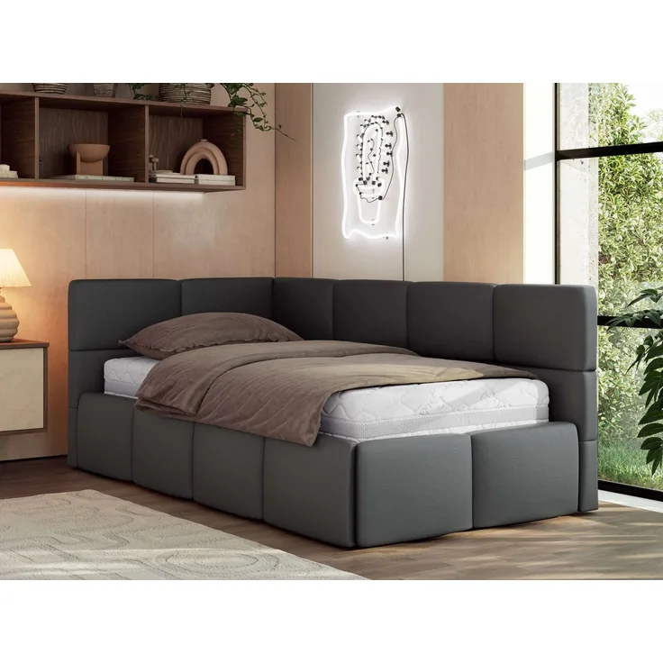 Jugendbett 90x200 ARVO Polsterbett mit Bettkasten, Stauraum & Gasdruckfeder, Modernes Design mit Kopfteil, Foam Matratze - Grau Kunstleder - MIRO LUX - Links Seite