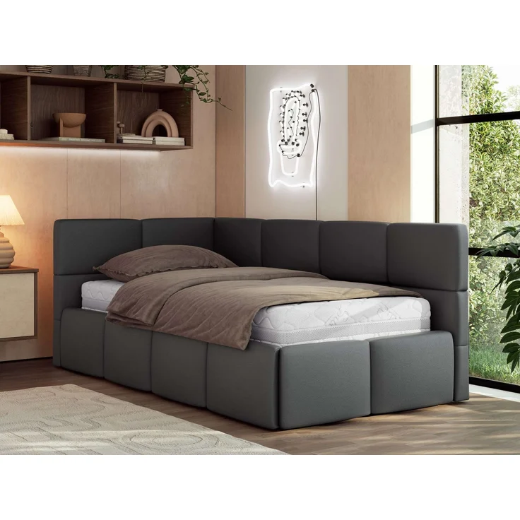 Jugendbett 90x200 ARVO Polsterbett mit Bettkasten, Stauraum & Gasdruckfeder, Modernes Design mit Kopfteil, Foam Matratze - Grau Kunstleder - MIRO LUX - Links Seite – Bild 1