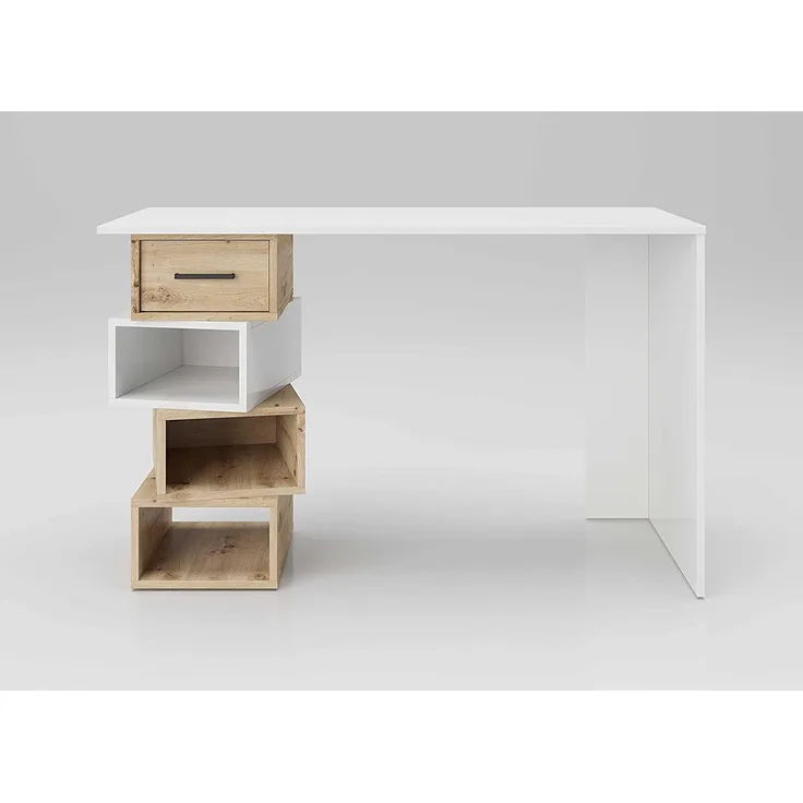 Monza - Schreibtisch, Homeoffice Tisch, 3 offene Fächer, 1 Schublade, asymmetrische Einteilung