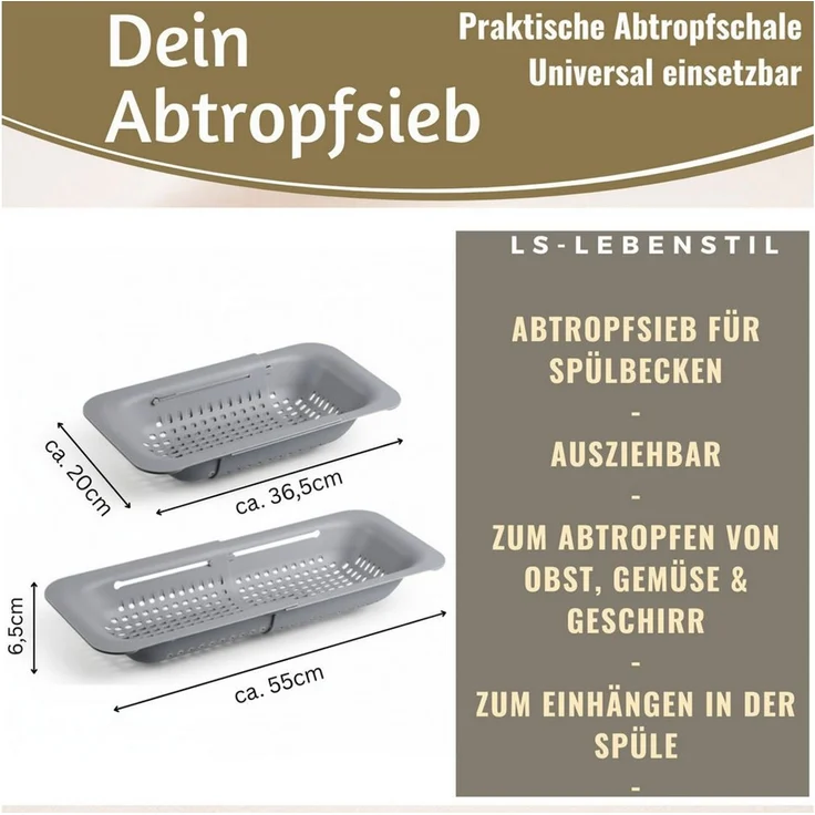 LS-LebenStil Küchensieb Abtropfsieb Ausziehbar Spülbeckensieb Organizer für Spülbecken, Kunststoff, (Siebkorb für Obst, Gemüse, Nudeln - Abtrogfestell für Geschirr, 1-St, Lebensmittelecht, BPA-frei, flexibler Abtropfkorb, Nudelsieb, Seiher), Abflusssie... – Bild 2
