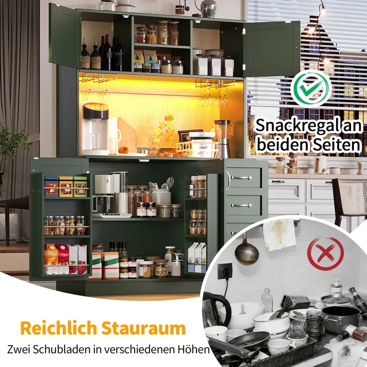Seitenboard / Aufbewahrungsschrank / Küchenschrank / Buffetschrank, 120 x 40 x 188 cm, mit LED-Beleuchtung, Snackregal & Getränkehaltern, 4 Türen & 2 große Schubladen, Grün/Schwarz/Weiß – Bild 9