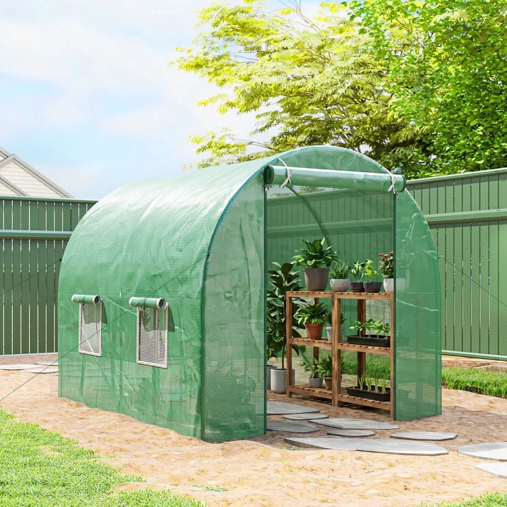 Wohnora-5 m² Tunnelgewächshaus (2,5 m L x 2 m B x 2 m H) Stahlbetonkonstruktion Ø 1,8 cm + hochdichtes PE 140 g/m² Fenster Grün,H 1980cm x T 1550cm x B 2000cm – Bild 2