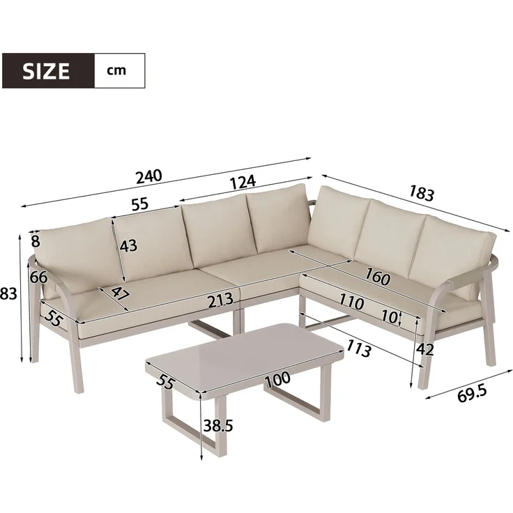 Merax Gartenmöbel-Set 6 Sitzer, Gartenlounge-Set Gartensofa mit Kissen und Tisch, Gartengarnitur Sofagarnitur Geflochten, Beige – Bild 4