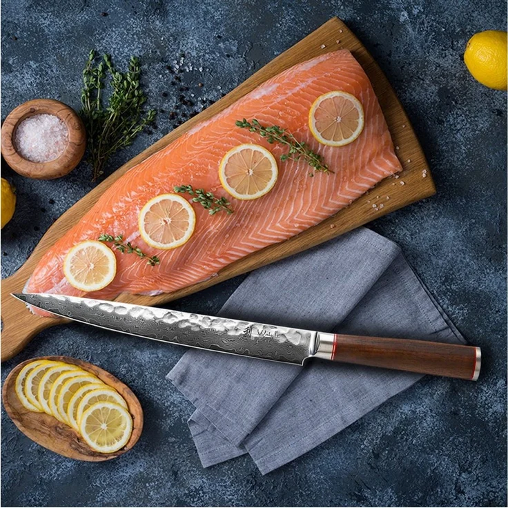 Wakoli Tranchiermesser Nussbaum Damast Sashimi Kochmesser 25 cm Klinge Nussbaumholzgriff, Damaststahl, VG10, Nussbaumholz – Bild 3