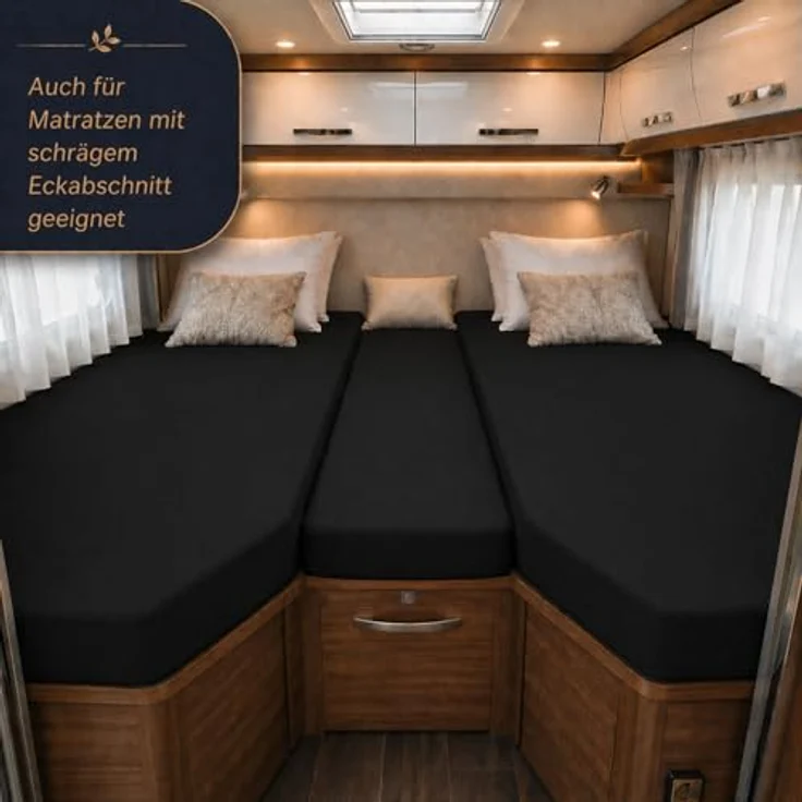 Frottee Spannbettlaken für Wohnmobile Heckbett 3-teilig 2 Längsbetten + 1 Mittelteil Schwarz – Bild 4