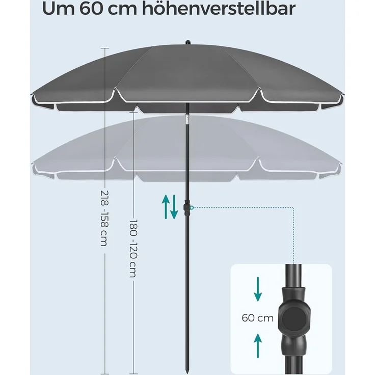 SONGMICS Sonnenschirm 200 cm, Sonnenschutz, UPF 50+, Strandschirm, beidseitig um 30° knickbar, höhenverstellbar, mit Tragetasche, für Balkon, Garten, Terrasse, Strand, ohne Ständer, grau GPU065G01 – Bild 4