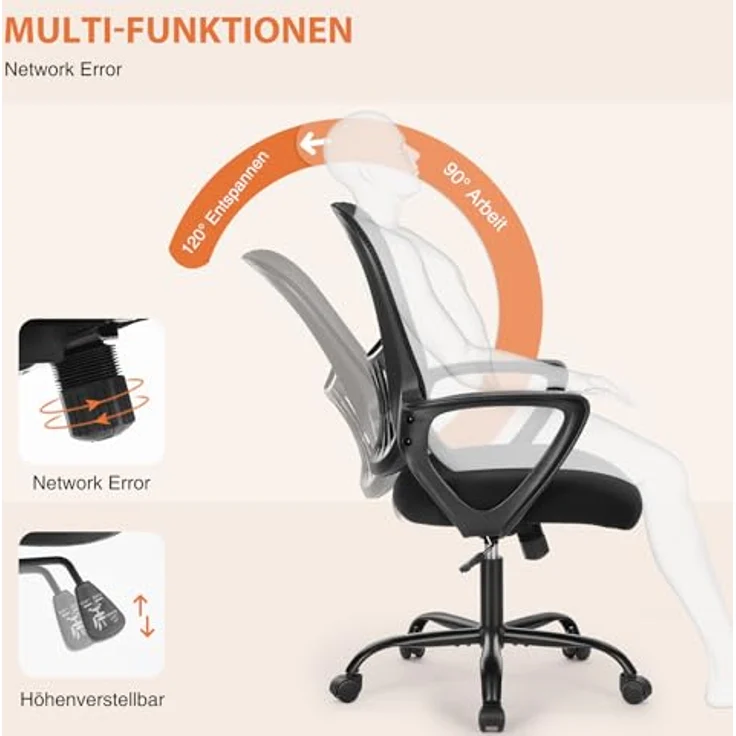 Sweetcrispy Bürostuhl Ergonomisch, Schreibtischstuhl mit Lendenwirbelstütze, Verstellbaren Armlehnen Drehstuhl, Höhenverstellbarer Office Chair, Bürostühle Geeignet für Büro und Schlafzimmer (Schwarz) – Bild 6