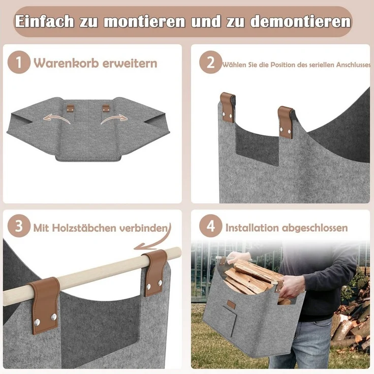 FIVMEN Kaminholzkorb 2-er Set XXL Faltbarer Brennholzkorb Filzkorb extra dicker Filz – Bild 3