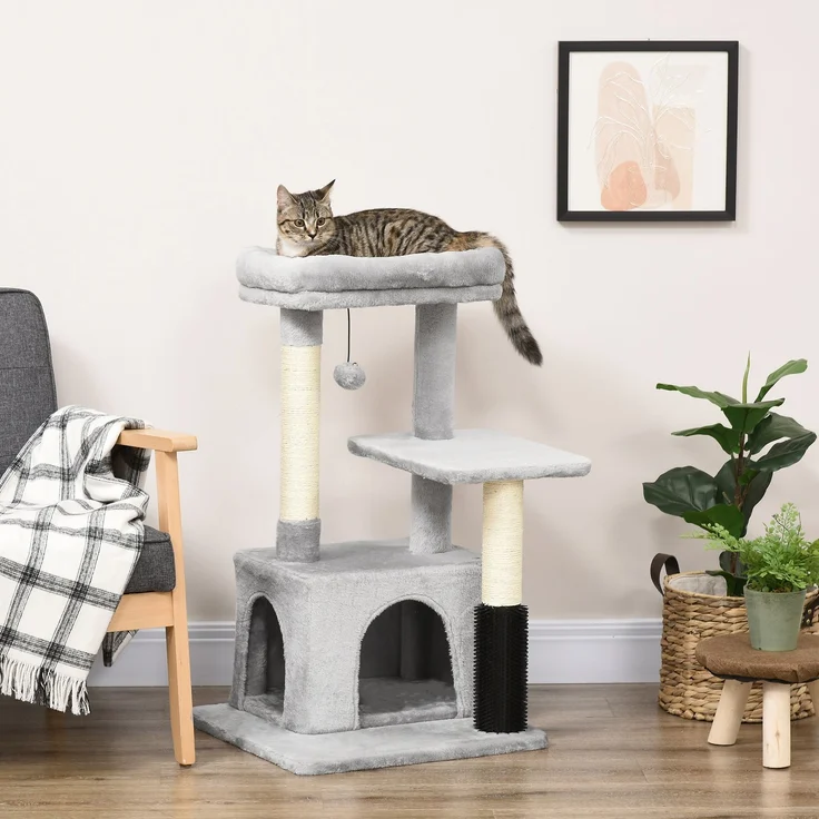 Kratzbaum mit waschbarem Katzenbett, Katzenbaum mit Katzentoilette, Spielzeug, Hellgrau, 48x48x85cm--Hellgrau--48x48x80cm--YOUDENOVA – Bild 2