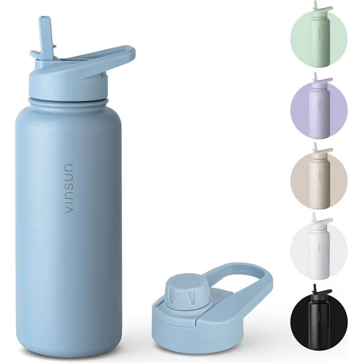 Vinsun Isolierflasche Edelstahl Trinkflasche 750ml Strohhalm - 2 Deckel Thermoflasche, BPA frei, doppelwandig, auslaufsicher, bruchsicher, geruchsneutral
