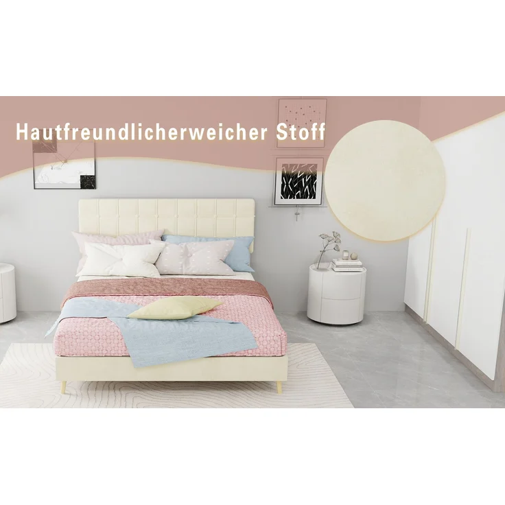 Novelux Polsterbett 140x200 cm mit Kariertem Kopfteil & Holzfüßen – Modernes Doppelbett aus Verschleißfestem Stoff, Massivholzrahmen, für Schlafzimmer, Beige – Bild 7