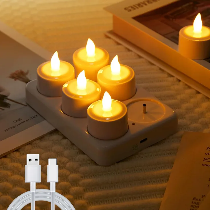 EXTSUD 6 Stück Led Teelichter LED Flammenlose Kerzen mit Ladestation Wiederaufladbare Kerze Flamme Flackern Kerzenlicht Elektrische Teelichter Jugendweihe Windlicht Tischlicht Wohnzimmer Deko