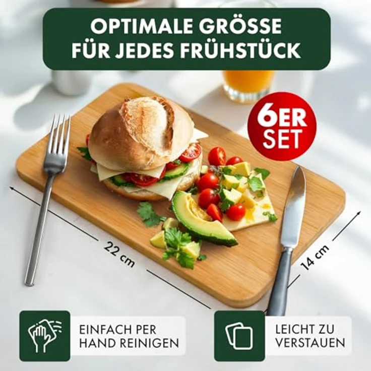 Blumtal Schneidebrett Frühstücksbrettchen 6er Set aus Bambus - 22x14x0,8 cm, Frühstücksbretter Holz, antibakterielles Holzbrettchen – Bild 3