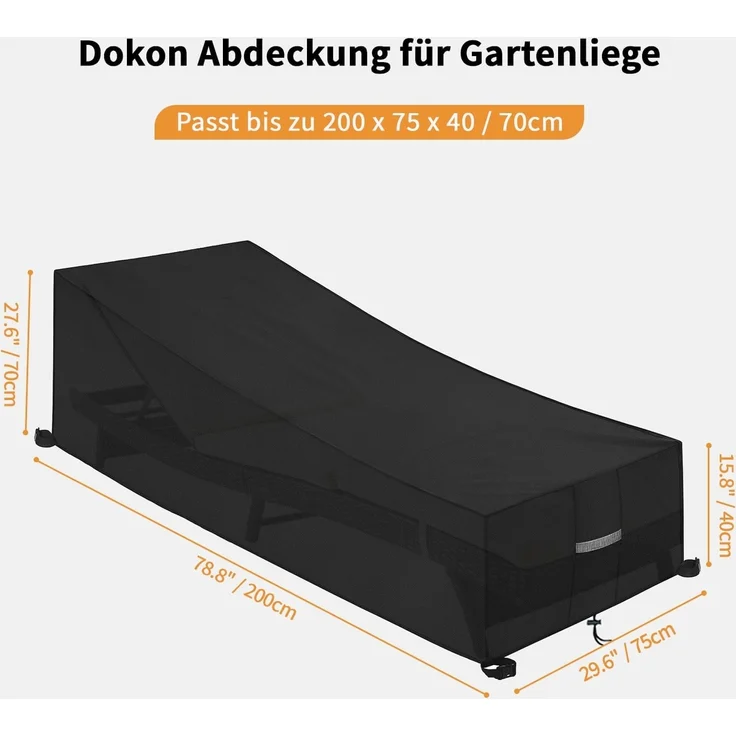 Dokon Gartenliege Abdeckung mit Belüftungsöffnungen Wasserdicht Winddicht UV-Beständiges Schwerlast 600D Oxford Gewebe Schutzhülle für Sonnenliege Liegestuhl Deckchair (200 x 75 x 40/70cm) - Schwarz – Bild 2