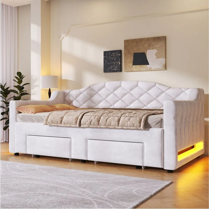 SOFTWEARY Schlafsofa mit Ausziehbett und Stauraum, mit Lattenrost und RGB LED-Streifen, Liegefläche erweiterbar, Polsterbett, Einzel- oder Doppelbett, Tagesbett, Daybett, Samt – Bild 3