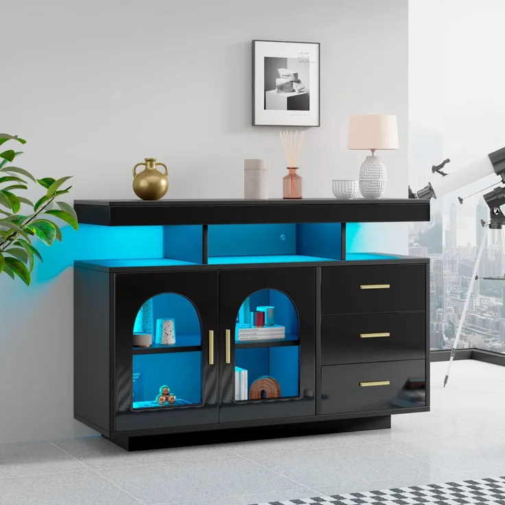 DESVIAE Sideboard mit RGB-LED-Beleuchtung und 3 Schubladen 120x80x40 cm Spanplatte Schwarz