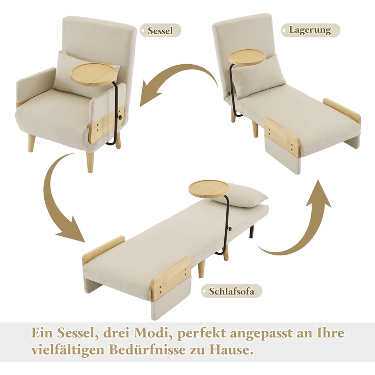 Verstellbarer Loungesessel mit 360° Holztablett, Leinen, 88x74,5x66 cm, Beige – Bild 7