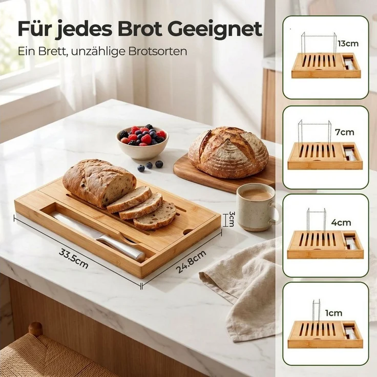 FOHERE Brotschneidebrett mit Messerhalter (inklusive Brotmesser) und Krümelschublade, Naturbambus, (1-St), 33.5x24.8 cm, geeignet zum Schneiden aller Brotsorten – Bild 3