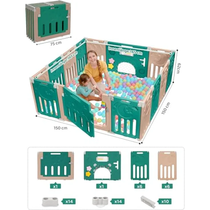 Dripex Faltbarer Laufstall Baby 150×150cm, Laufgitter Baby, Baby Playpen, Baby Laufstall mit Spielzeugboard, Laufstall in Anpassungsfähiger Form, Laufgitter aus Kunststoff, Braun – Bild 3