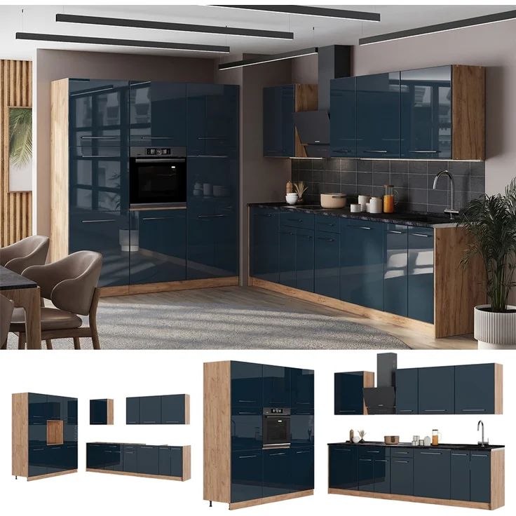 Küchenzeile Fame-Line Dunkelblau Hochglanz/Goldkraft Eiche 460 cm ohne Arbeitsplatte Vicco – Bild 3