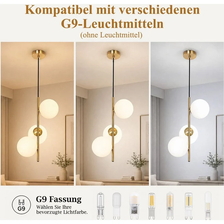 Nettlife Pendelleuchte 1/2/3flammig G9 Glas Kugel gold modern Hängeleuchte Esstisch, ohne Leuchtmittel, für Esszimmer Wohnzimmer Küche Schlafzimmer – Bild 2