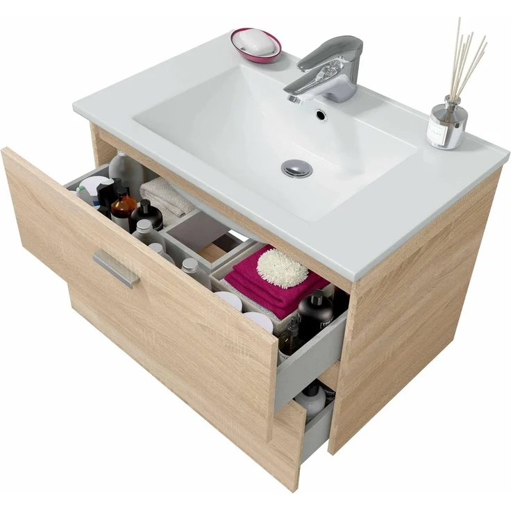 Dmora - Badezimmermöbel Denison, Badezimmerschrank, Mehrzweckschrank, Hängeschrank mit Spiegel, 70x45 h50 cm, Eiche – Bild 5