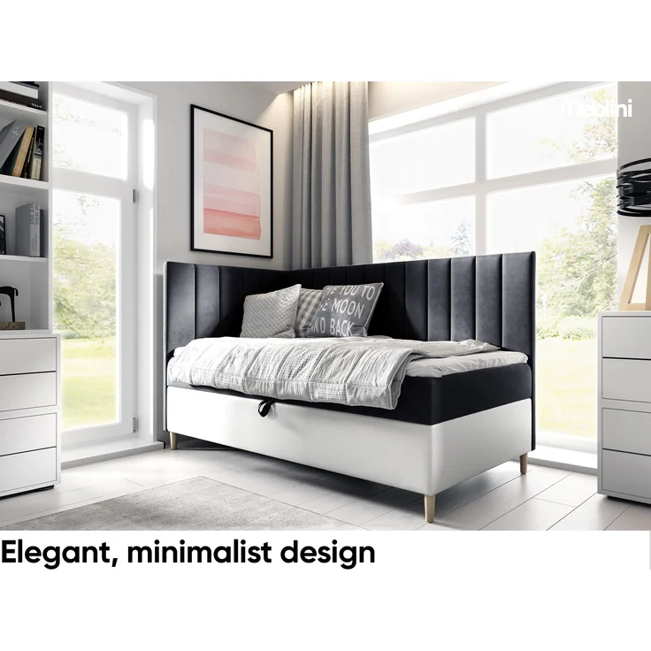 MEBLINI Kinderbett mit Bettkasten MAYA 3 90x200 Links – H3/Schwarz Samt Gepolstert Einzelbett mit Matratze - Polsterbett mit Stauraum - Bett mit Kopfteil – Stauraumbett – Bild 2