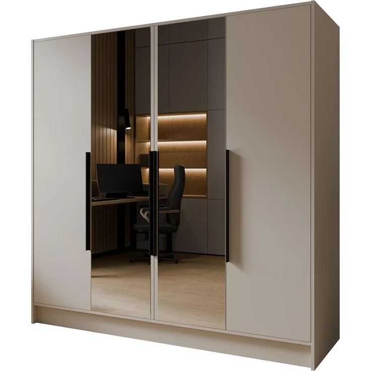 MEBLINI Kleiderschrank LUSINDA 200cm - Kaschmir - mit schwarzen Griffen - Drehtürenschrank mit zwei Spiegeln - Kleiderstangen und Regalböden – Bild 1