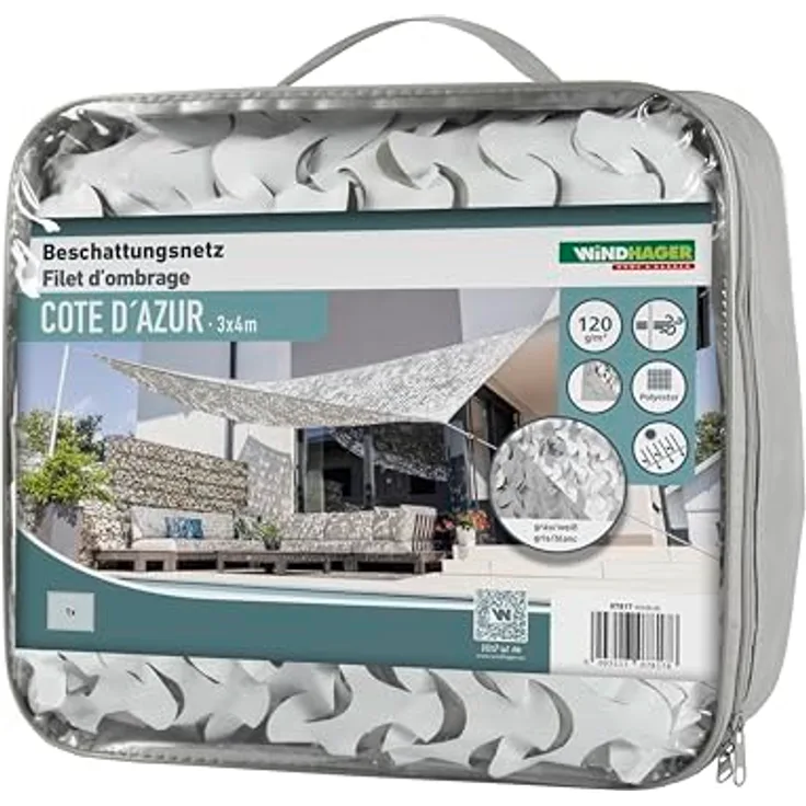 Windhager Beschattungsnetz COTE D´Azur - 3x4 Meter - Weiß/Grau - Sonnensegel, Sonnenschutz, Schattennetz, Schattierungsnetz - Terassenüberdachung - geeignet für Terasse, Balkon und Garten