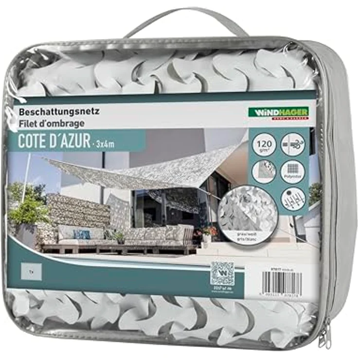 Windhager Beschattungsnetz COTE D´Azur - 3x4 Meter - Weiß/Grau - Sonnensegel, Sonnenschutz, Schattennetz, Schattierungsnetz - Terassenüberdachung - geeignet für Terasse, Balkon und Garten – Bild 1