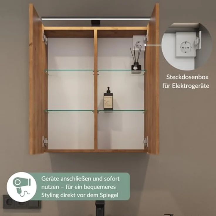 Planetmöbel ARIA Spiegelschrank Bad mit Beleuchtung 60 cm breit | Badschrank hängend mit Spiegel | Gold Eiche, mit Leuchte und Steckdose, Spiegelschrank Gäste WC 60 x 70 x 16 cm – Bild 8