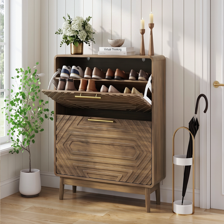 Schuhschrank in Walnussoptik mit 2 Klappfächern, offenem Fach und Kippschutz,95x60x24 cm