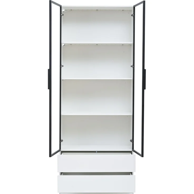 DESVIAE Regal-Vitrine Weiß aus Spanplatte – 80x200x34 cm – LED-Beleuchtung, 2 Schubladen – Bild 7
