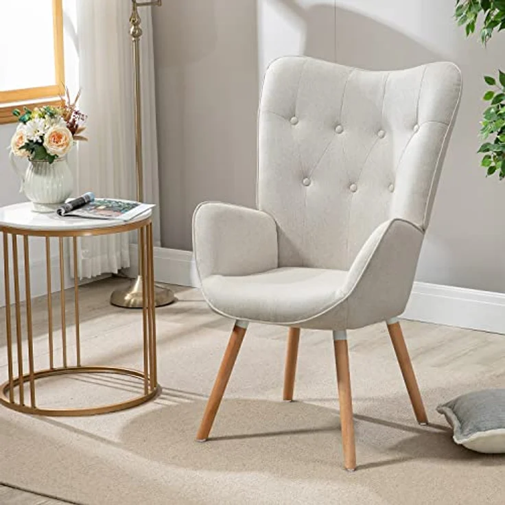 MEUBLE COSY Sessel Wohnzimmer Relaxsessel Lesesessel Lehnstühle Polstersessel Einzelsofa mit Holzbein Ohrensessel für Schlafzimmer Büro Vanity, Stoff, Beige – Bild 3