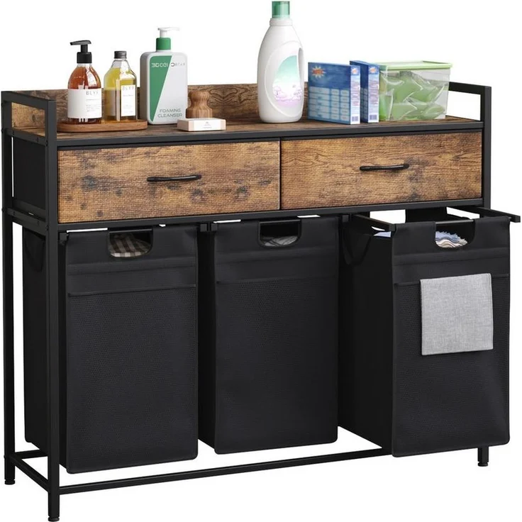 Mondeer Wäschekorb Metallgestell Wäschesammler (3 St, 3 x 50 L), mit 3 abgetrennten Säcken & 2 Schubladen, mit Rollen & Netztaschen – Bild 2