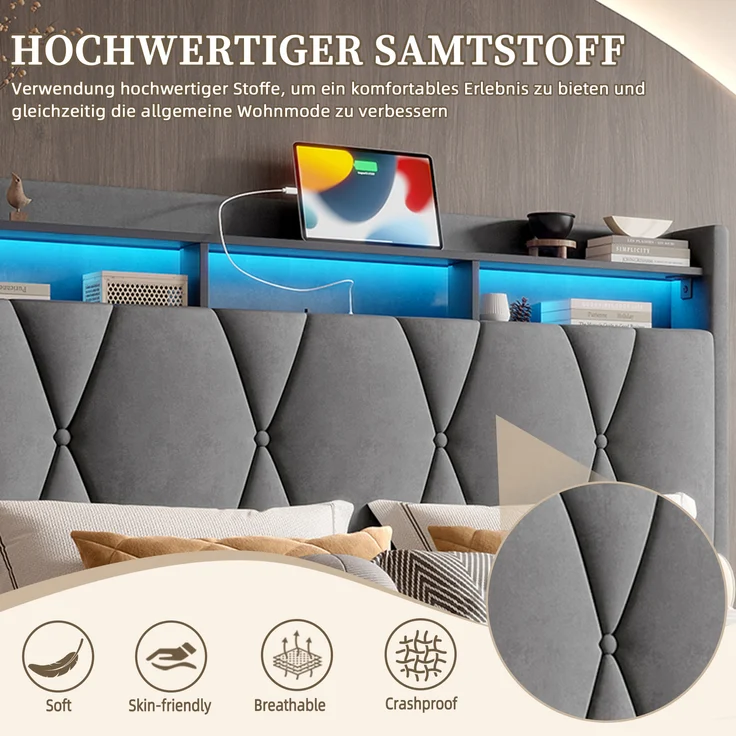 LVHOM Polsterbett 140x200cm mit LED&USB, Doppelbett mit versteckten Stauraum, Stauraumbett mit Lattenrost, Jugendbett mit Bettkasten, Samtstoff, Beige – Bild 4