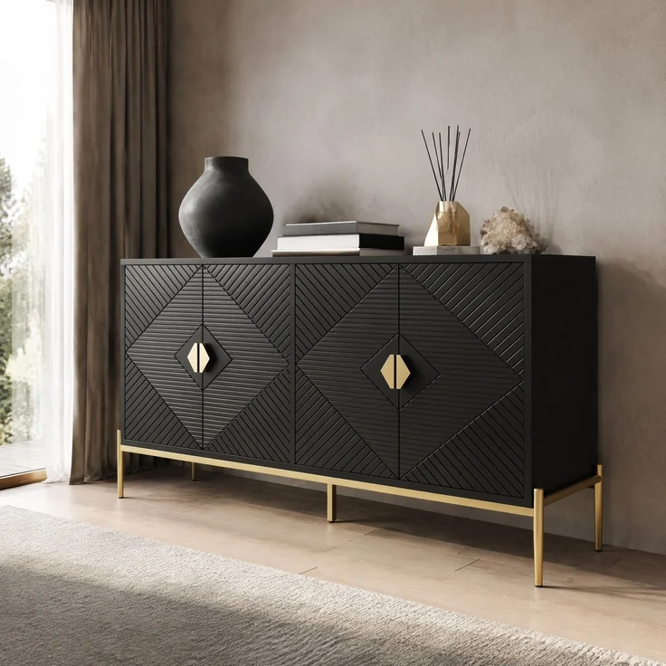 DESVIAE Sideboard mit 4 Türen und geometrischem Muster 162x80x40 cm MDF/Spanplatte Schwarz – Bild 1