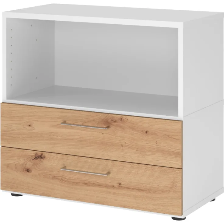 bümö flexi Aktenschrank klein mit 2 Schubladen & 1 Regalfach in Weiß/Asteiche, Büroschrank mit werkzeuglosem Schnellmontage-Klicksysten in modularer Bauweise, FW28S2KG-W-R-BS
