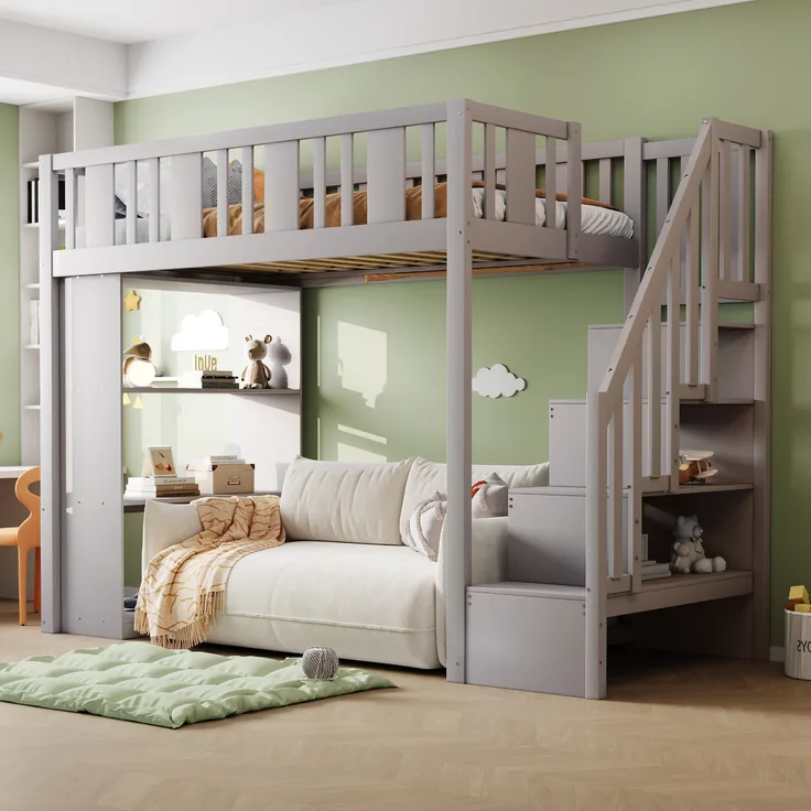 Hochbett Kinderbett mit Stauraumtreppe Hochbett mit mehreren großen Staufächern Funktionsbett Kinderbett Jugendbett Holz Grau 90 x 200 cm