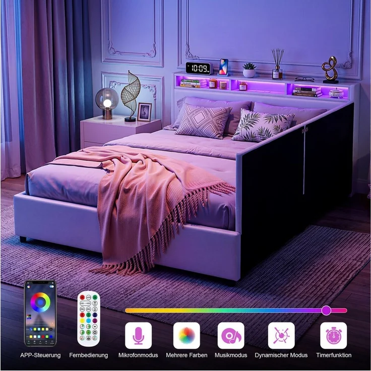 oyajia Polsterbett Daybett Tagesbett Jugendbett (Mit USB & TYPE-C, Hydraulisch hebbarer Stauraum), Schlafsofa, Mit LED-Beleuchtung, Ladefunktion, Leinen, 140x200 cm – Bild 3