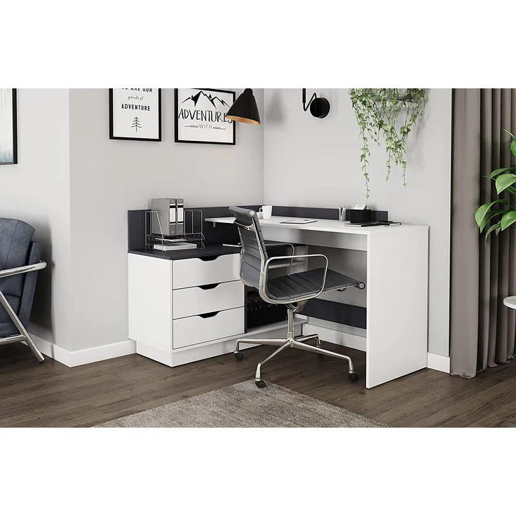 byLIVING Winkelschreibtisch BELFAST / Rechts oder Links montierbar / 3 Schubkästen / matt weiß - anthrazit /Bürotisch / Eckschreibtisch / Schreibtisch / B 129, H 83,5, T 105 cm – Bild 12
