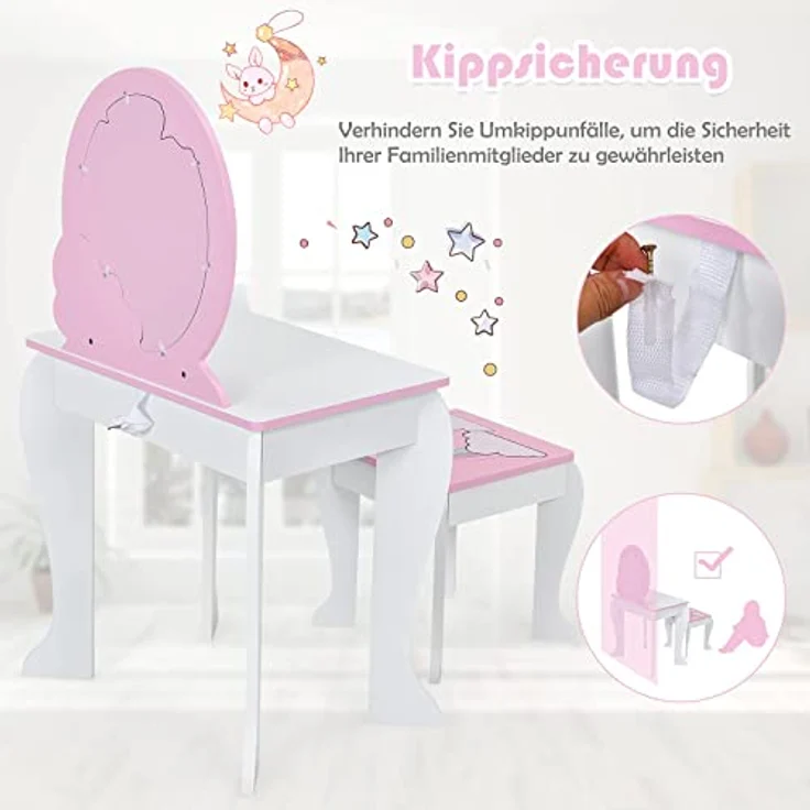 COSTWAY Kinder Schminktisch mit Hocker, rosa Frisierkommode, Prinzessin Frisiertisch mit Schublade & Abnehmbarer Spiegel, Schminkkommode für Mädchen von 3-7 Jahren (Weiß) – Bild 5