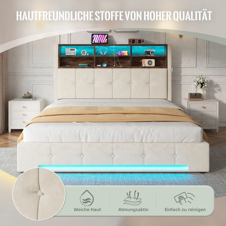 TavilaEcon Polsterbett mit Bettkasten und USB-C-Anschluss beige Liegefläche 160 × 200 cm – Bild 9