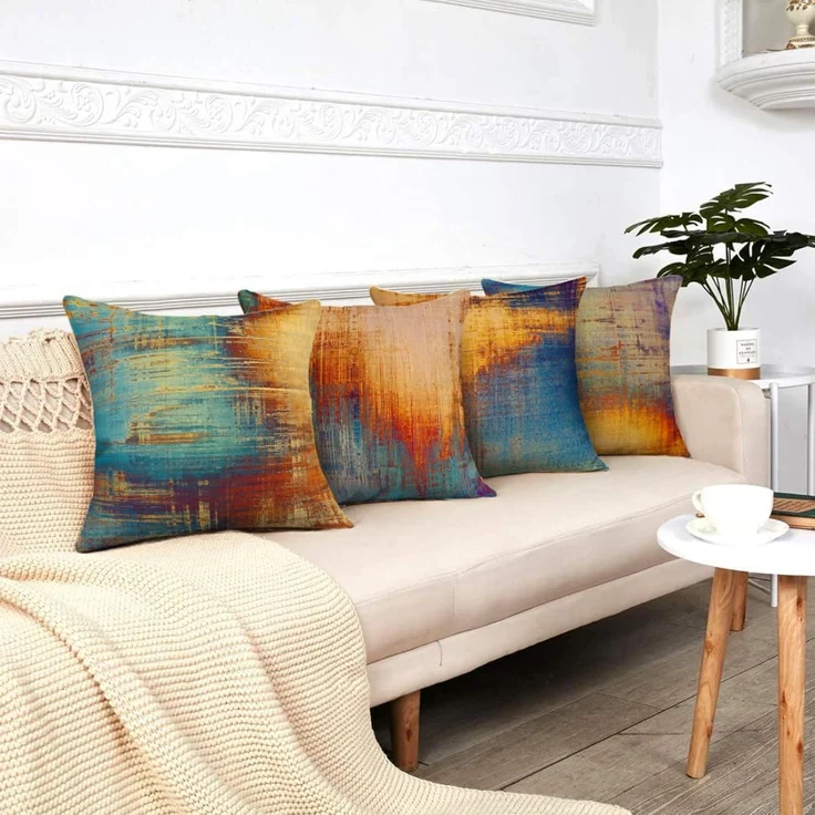 Kissenbezüge 40×40 cm 4er-Set Abstrakte Kunst Blau/Orange, Modern Sofa/Bett Deko – Bild 7