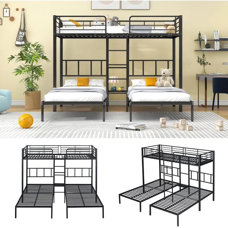 Bett 90x200 cm Dreifach-Etagenbett aus Metall mit Leiter und Fallschutz, ohne Matratze – Bild 4