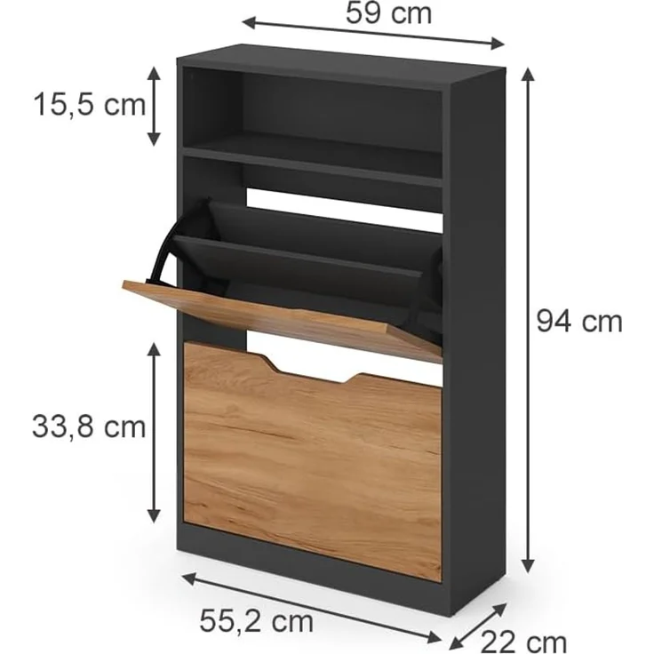 Schuhkipper Luca Anthrazit/Goldkraft Eiche 59 x 94 cm mit 2 Kippfächern Vicco – Bild 2