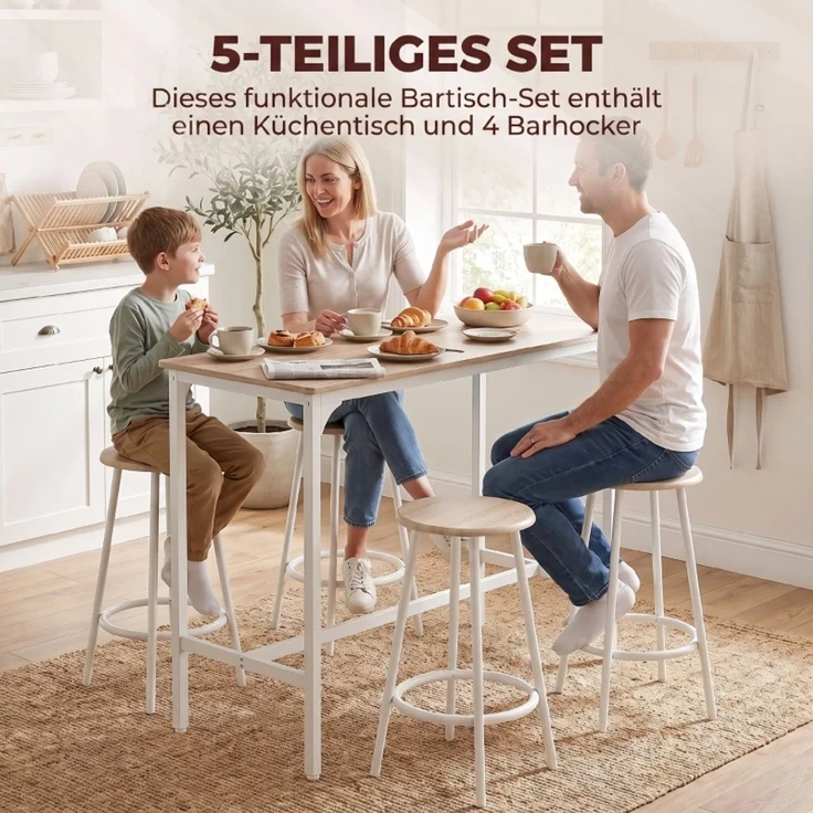 5-teiliges Bartisch-Set für 4 Personen, Industrieller Stehtisch mit Hockern für Küche & Esszimmer, Eiche--Eiche--110x50x89.5cm--YOUDENOVA – Bild 4
