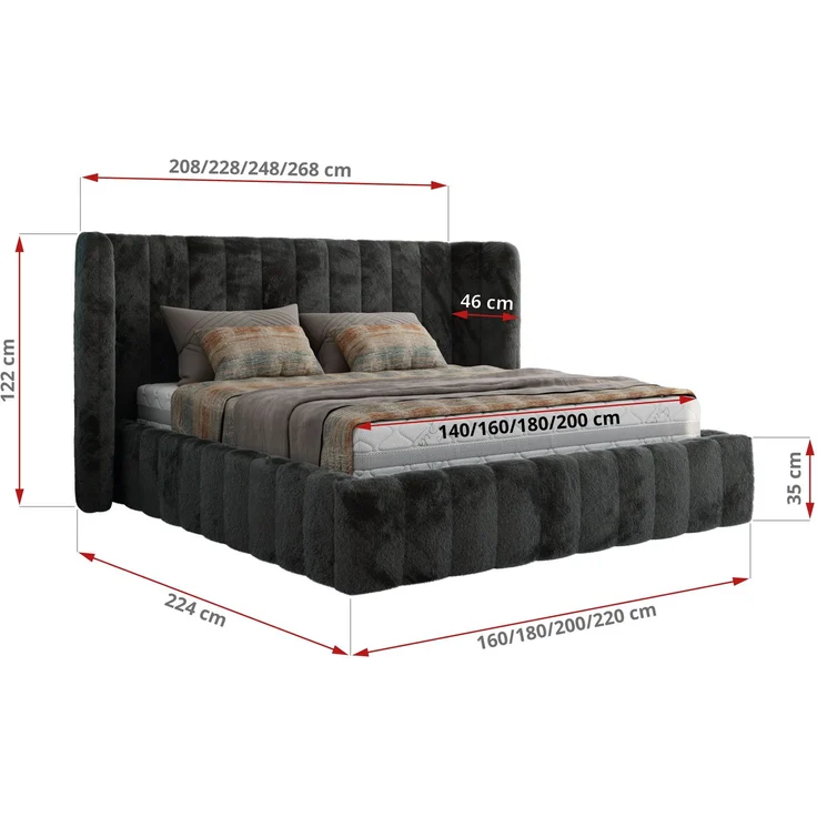 Polsterbett GOLETTA CLASSIC 180 x 200 cm mit gepolstertem Kopfteil, stabilem Bettrahmen, Lattenrost und Bettkasten mit Gasdruckfedern, Doppelbett, zeitloses Design - Dunkelgrau Plüsch – Bild 6