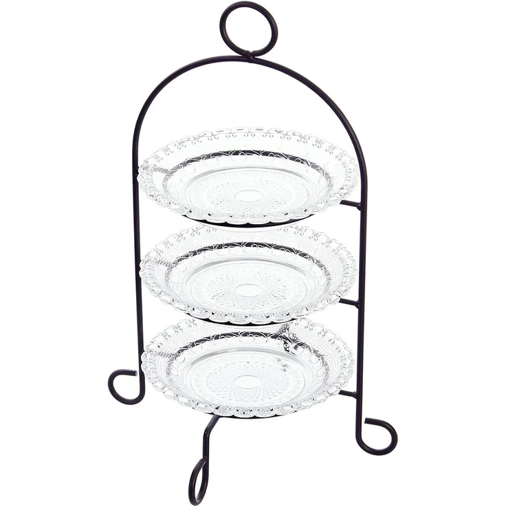Dekoleidenschaft Etagere aus Metall schwarz, 3-stöckig mit Glastellern, Gebäcketagere, Metall, (4-tlg), 3-stufig, Obstetagere, Tortenständer, Gebäckständer – Bild 1