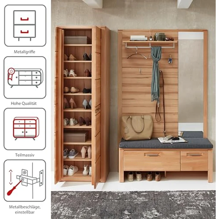 Stella Trading Nature ONE Flurgarderoben Set in Kernbuche Teil-massiv FSC-Zertifiziert - Modernes Garderobenset 3-teilig für Ihren Eingangsbereich - 200 x 201 x 40 cm (B/H/T) – Bild 5